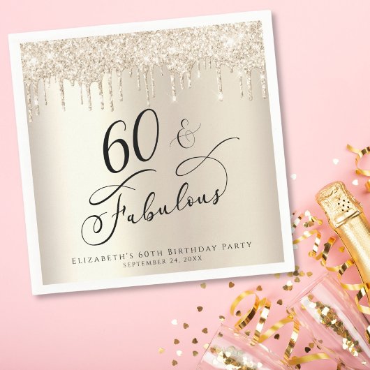 60 Fabulous Glitter Gold Custom Birthday Party Servet