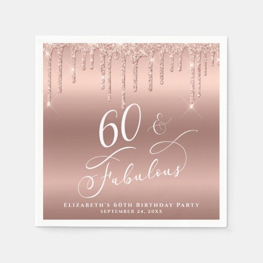 60 Fabulous Glitter Roos Gold Birthday Party Servet (Voorkant)