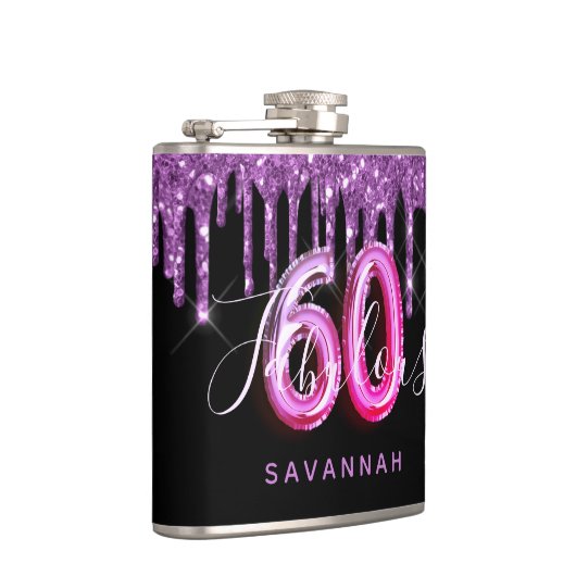 60 Fabulous jarig zwart paars glitter script Heupfles (Rechts)