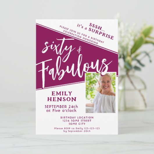 60 & Fabulous Magenta Foto 60e Verjaardag Verrassi Kaart (Staand voorkant)