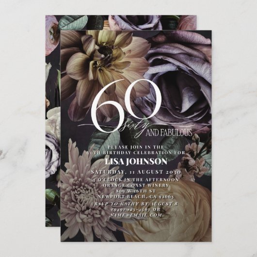 60 & Fabulous Modern Dark Moody Paarse Bloemen Kaart (Voorkant / Achterkant)