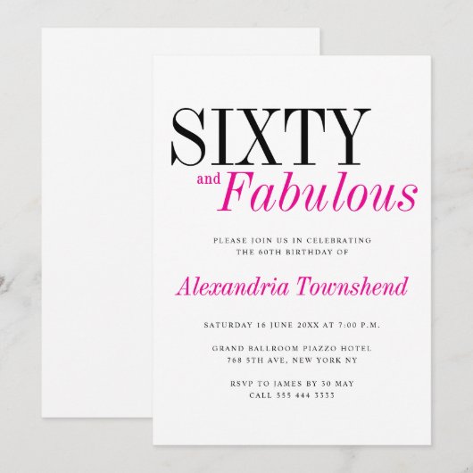 60 & Fabulous Modern Pink Typography 60th Birthday Kaart (Voorkant / Achterkant)