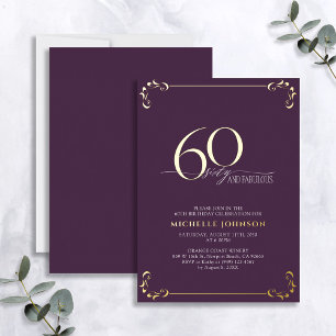 60 & Fabulous Paars & Gold Calligraphy Birthday F Folie Uitnodiging