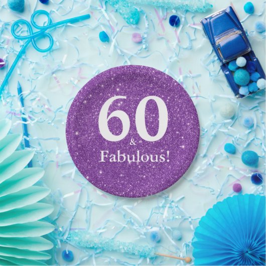 60 & Fabulous! Paarse Glitter Zestigste Verjaardag Papieren Bordje (Feest)