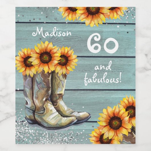 60 Fabulous Rustiek Land Western Zonnebloempassen Wijn Etiket (Enkel label)