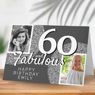 60 & Fabulous Silver Glitter 2 Foto 60th Birthday Kaart