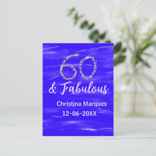 60 & Fabulous Verjaardag Blauw Zilver Naam toevoeg Briefkaart (Staand voorkant)