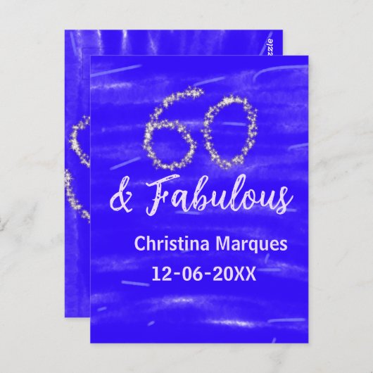 60 & Fabulous Verjaardag Blauw Zilver Naam toevoeg Briefkaart (Voorkant / Achterkant)