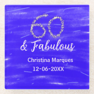 60 & Fabulous Verjaardag Blauw Zilver Naam toevoeg Glazen Onderzetter