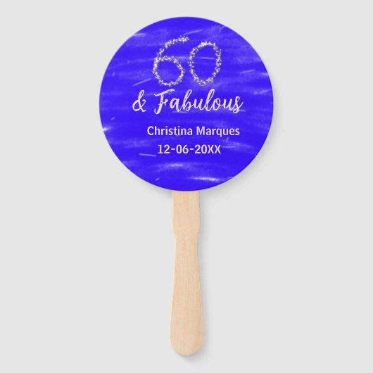 60 & Fabulous Verjaardag Blauw Zilver Naam toevoeg Handwaaier (Voorkant)