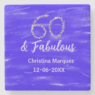 60 & Fabulous Verjaardag Blauw Zilver Naam toevoeg Stenen Onderzetter