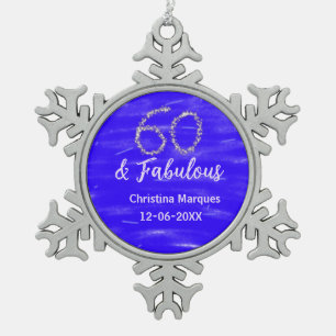60 & Fabulous Verjaardag Blauw Zilver Naam toevoeg Tin Sneeuwvlok Ornament