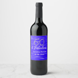 60 & Fabulous Verjaardag Blauw Zilver Naam toevoeg Wijn Etiket