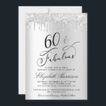 60 Fabulous Zilveren Glitter Verjaardagsfeestje Kaart<br><div class="desc">Elegante en chique gepersonaliseerde 60e verjaardagsfeestuitnodiging met "60 & Fabulous" in een stijlvol script op een zilveren faux folie achtergrond met zilveren faux glitter druppelen van de bovenkant. Je kunt het jaar,  haar naam en de feestdetails personaliseren.</div>