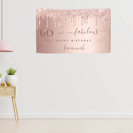 60 Fantastische verjaardag glitter roos goud roze Spandoek