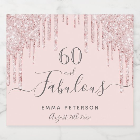 60 Fantastische Verjaardag roos Goud glitter Roze Sparkling Wijnetiket (Enkel label)