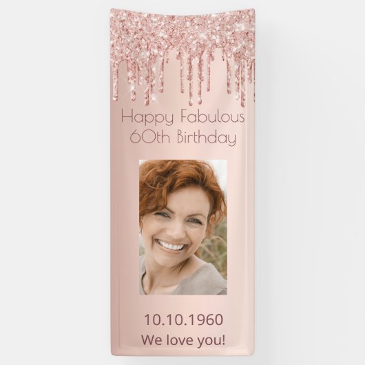 60 Fantastische verjaardag roos gouden foto druipt Spandoek (Verticaal)