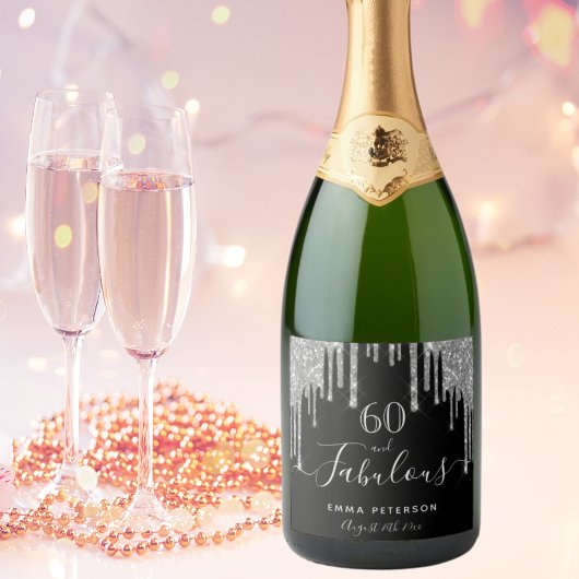 60 geweldige verjaardag zwarte glitter zilverspark sparkling wijnetiket