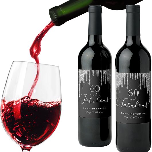 60 geweldige verjaardag zwarte glitter zilverspark wijn etiket