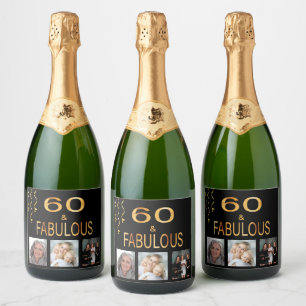 60 & geweldige verjaardagfoto collage zwart goud sparkling wijnetiket