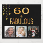 60 & geweldige verjaardagfoto collage zwart goud sparkling wijnetiket (Enkel label)