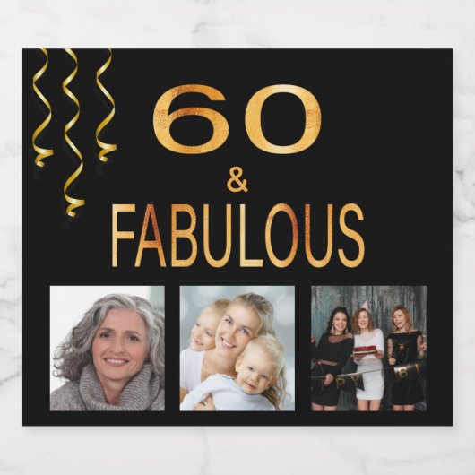 60 & geweldige verjaardagfoto collage zwart goud sparkling wijnetiket