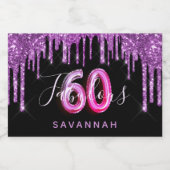 60 jaar en feestdag glitter paarse zwarte glazuur sparkling wijnetiket (Enkel label)