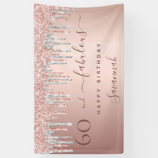 60 jaar en roos goudglitter zilver spandoek (Verticaal)