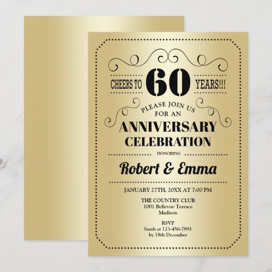 60-jarig huwelijksjubileumfeest - Goud Zwart Kaart (Voorkant / Achterkant)