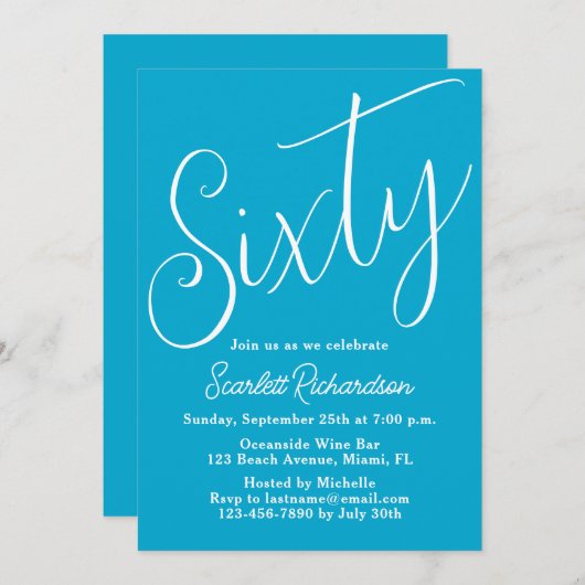 60 Modern Script Aqua Blue 60ste verjaardagsfeestj Kaart (Voorkant / Achterkant)