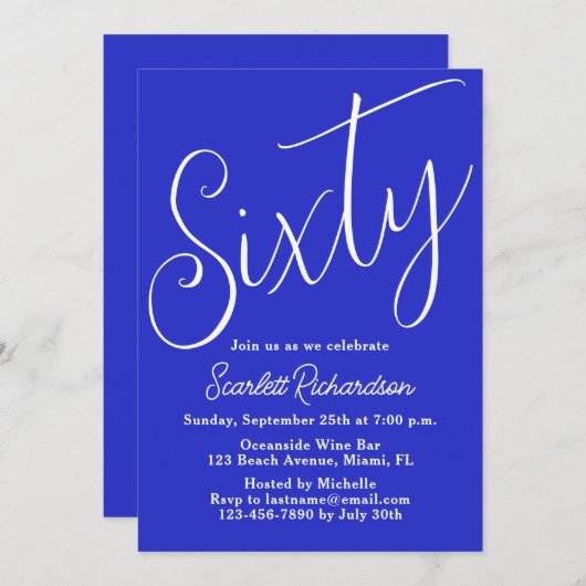 60 Modern Script Royal Blue 60ste verjaardagsfeest Kaart (Voorkant / Achterkant)