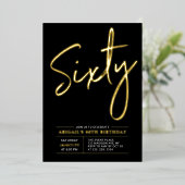 60 | Moderne gouden en zwarte 60e verjaardag Folie Uitnodiging (Staand Voorkant)