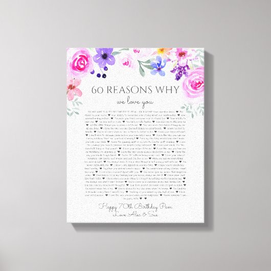 60 redenen waarom we van je paarse roze florale bl canvas afdruk (Voorkant)