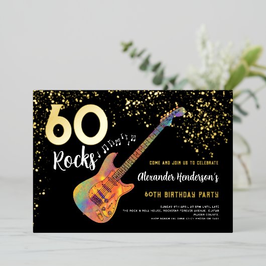 60 Rocks 60e verjaardag Party Goud Zwart Folie Uitnodiging (Staand Voorkant)