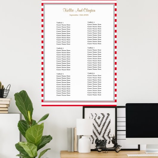 60 Rood/Witte Stripes Wedding Seating Chart Poster (Thuiskantoor)
