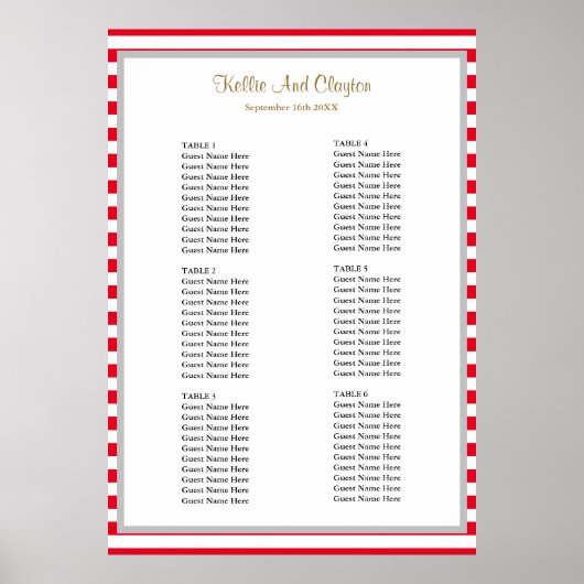 60 Rood/Witte Stripes Wedding Seating Chart Poster (Voorkant)