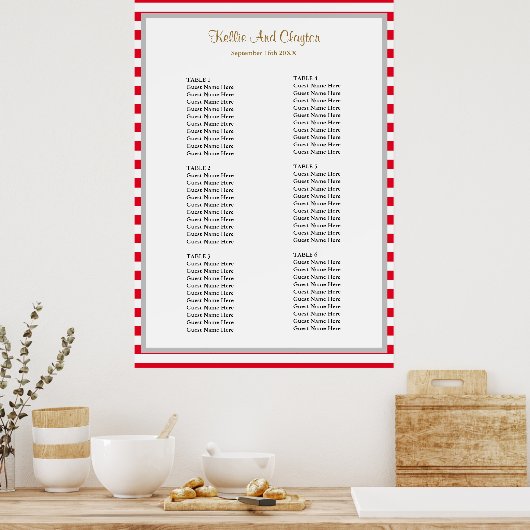 60 Rood/Witte Stripes Wedding Seating Chart Poster (Keuken)
