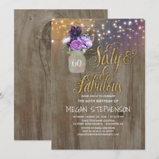 60 Rustieke Verjaardag - Paarse Bloemen Mason Jar  Kaart (Voorkant / Achterkant)