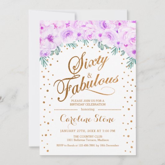 60 Uitstekend Verjaardagsfeest - Wit Goud Paarse Kaart (Voorkant)