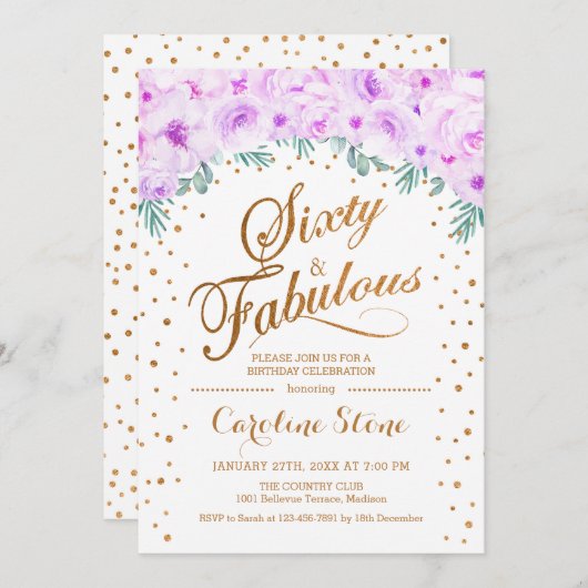 60 Uitstekend Verjaardagsfeest - Wit Goud Paarse Kaart (Voorkant / Achterkant)