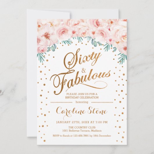 60 Uitstekend Verjaardagsfeest - Wit Goud Roze Kaart (Voorkant)