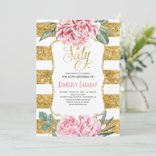 60 Verjaardagsfeest - Bloemengoud - Glam Kaart (Staand voorkant)