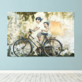 60" x 40" 'Kinderen op een fiets' Ingepakt Canvas (Insitu (Houten vloer))
