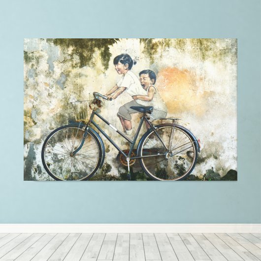 60" x 40" 'Kinderen op een fiets' Ingepakt Canvas (Insitu (Houten vloer))