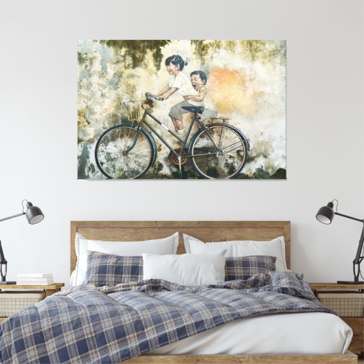 60" x 40" 'Kinderen op een fiets' Ingepakt Canvas Afdruk (Insitu (Slaapkamer))