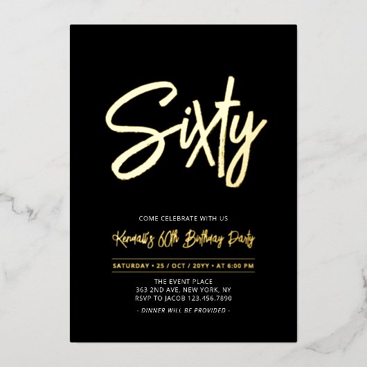 60 | Zwart grafisch script 60e verjaardag Folie Uitnodiging (Voorkant)