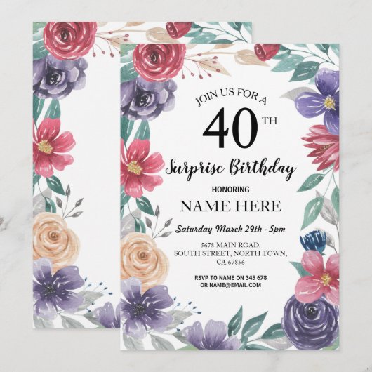 60e 50e 40e 30e verjaardagsfeest Bloemen Uitnodige Kaart (Voorkant / Achterkant)