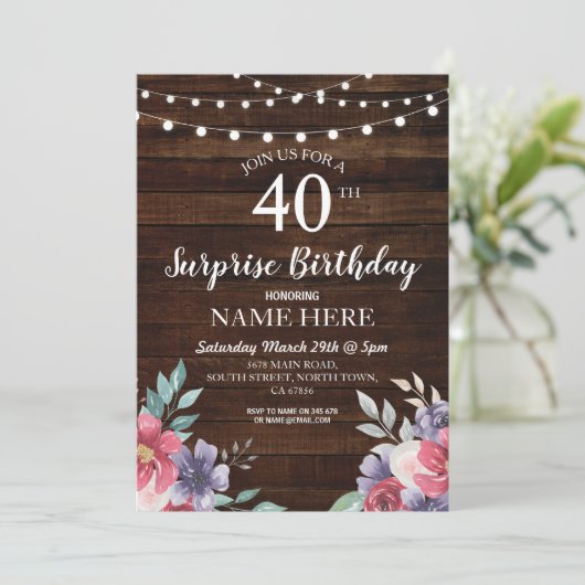 60e 50e 40e Verjaardagsfeest Hout Bloemen Uitnodig Kaart (Staand voorkant)