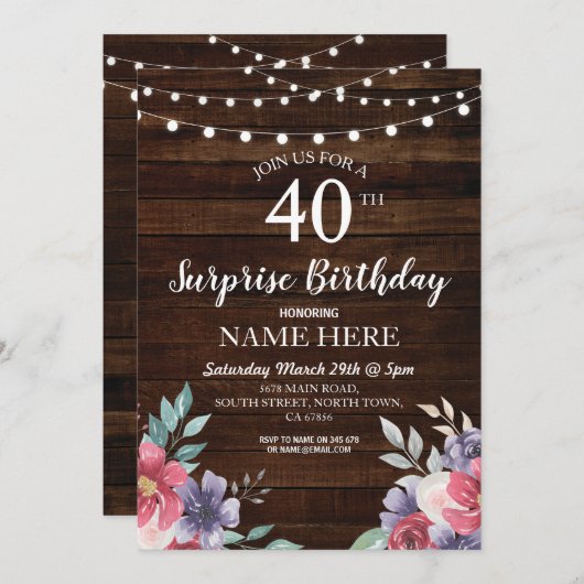 60e 50e 40e Verjaardagsfeest Hout Bloemen Uitnodig Kaart (Voorkant / Achterkant)