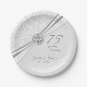 60e / 75e diamantJubileum op witte glitter Papieren Bordje